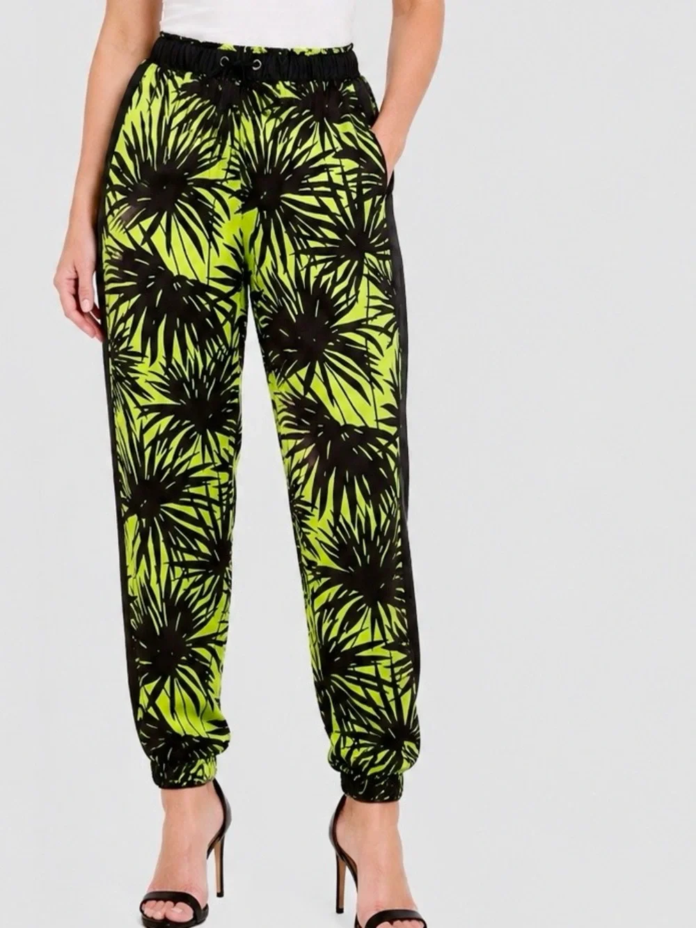 MICHAEL KORS Satin Neon Lime Green & Black Palm Leaf Print Track Pants
